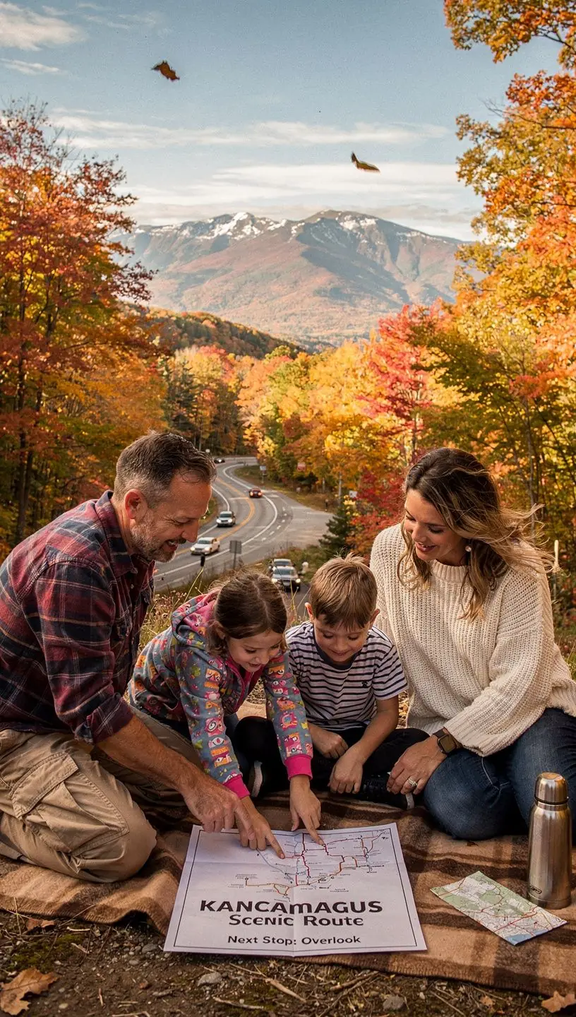 Семья, наслаждающаяся пикником на фоне живописного озера и гор.